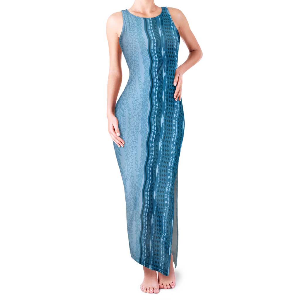 Vintage Cobalt Blue Hawaiian Traditional Kapa Mix Flowers Lei Tank Maxi Dress LT7 Women Cobalt Blue - Polynesian Pride
