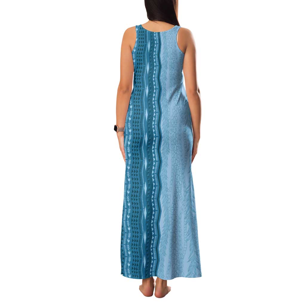 Vintage Cobalt Blue Hawaiian Traditional Kapa Mix Flowers Lei Tank Maxi Dress LT7 - Polynesian Pride
