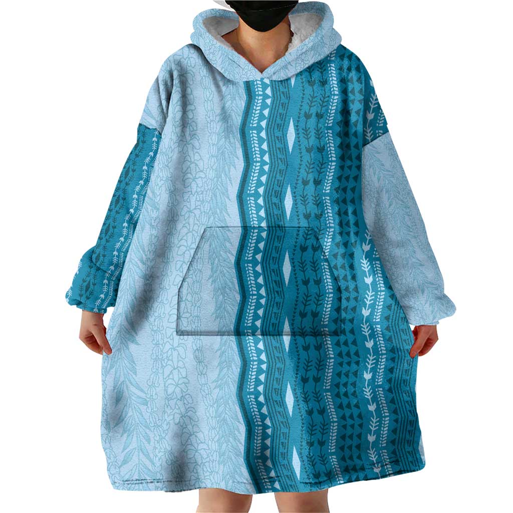 Vintage Cobalt Blue Hawaiian Traditional Kapa Mix Flowers Lei Wearable Blanket Hoodie LT7 - Polynesian Pride