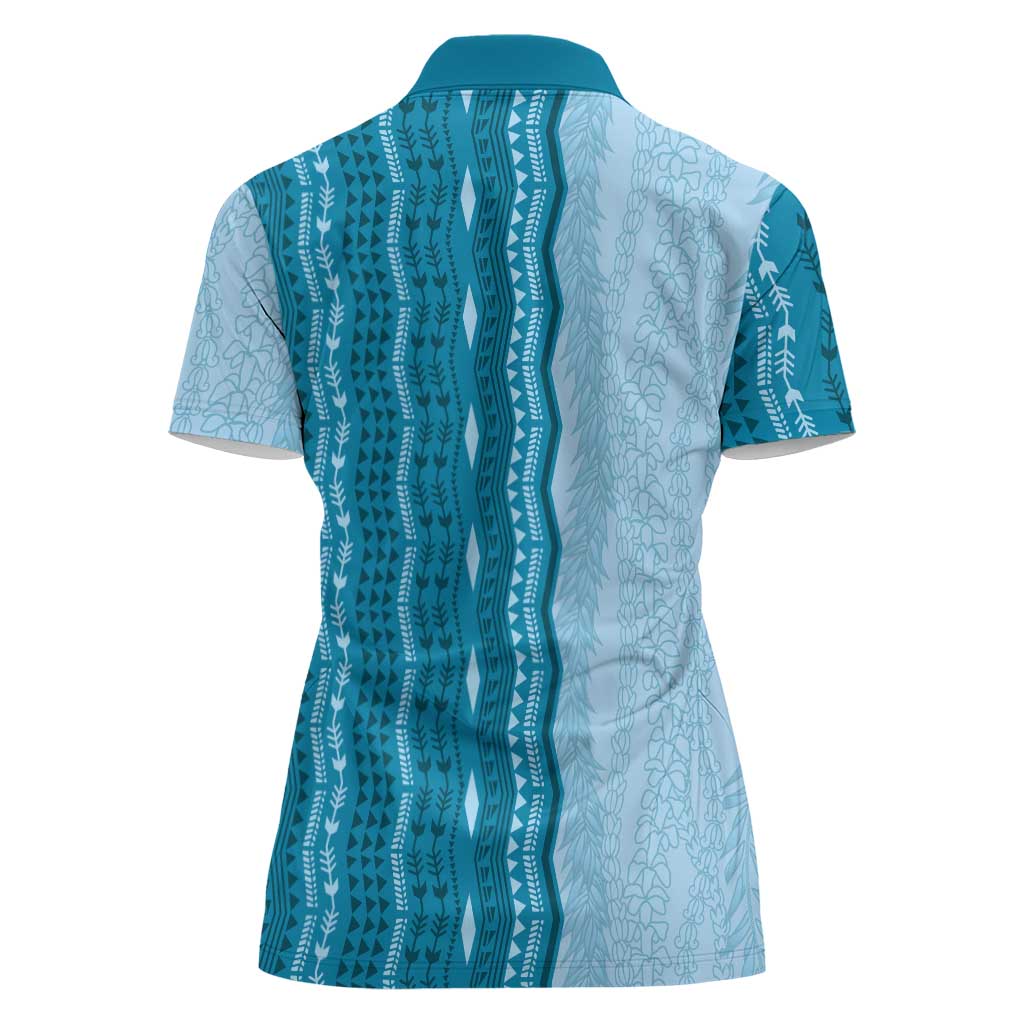 Vintage Cobalt Blue Hawaiian Traditional Kapa Mix Flowers Lei Women Polo Shirt LT7 - Polynesian Pride