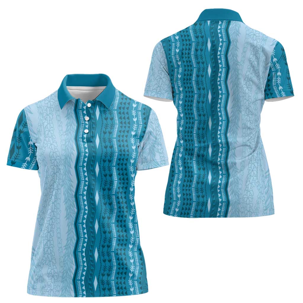 Vintage Cobalt Blue Hawaiian Traditional Kapa Mix Flowers Lei Women Polo Shirt LT7 - Polynesian Pride
