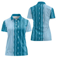 Vintage Cobalt Blue Hawaiian Traditional Kapa Mix Flowers Lei Women Polo Shirt LT7 - Polynesian Pride
