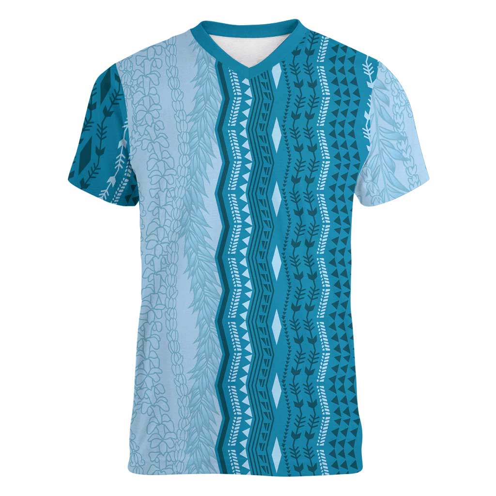Vintage Cobalt Blue Hawaiian Traditional Kapa Mix Flowers Lei Women V-Neck T-Shirt LT7 Female Cobalt Blue - Polynesian Pride