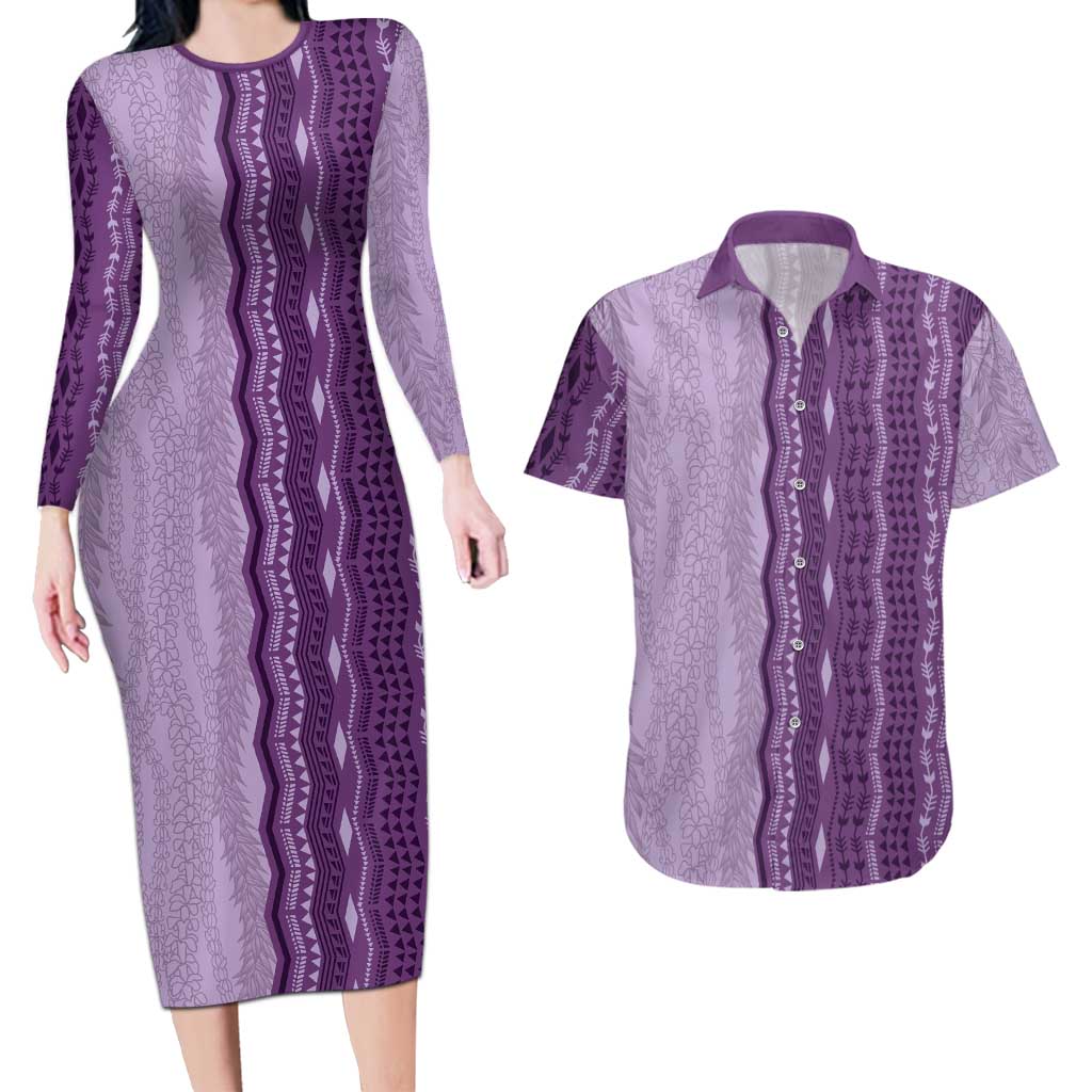 Vintage Violet Hawaiian Traditional Kapa Mix Flowers Lei Couples Matching Long Sleeve Bodycon Dress and Hawaiian Shirt