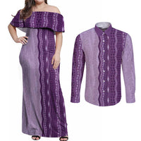 Vintage Violet Hawaiian Traditional Kapa Mix Flowers Lei Couples Matching Off Shoulder Maxi Dress and Long Sleeve Button Shirt LT7 Violet - Polynesian Pride
