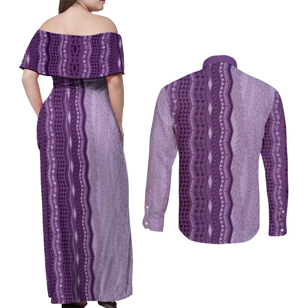 Vintage Violet Hawaiian Traditional Kapa Mix Flowers Lei Couples Matching Off Shoulder Maxi Dress and Long Sleeve Button Shirt LT7 - Polynesian Pride