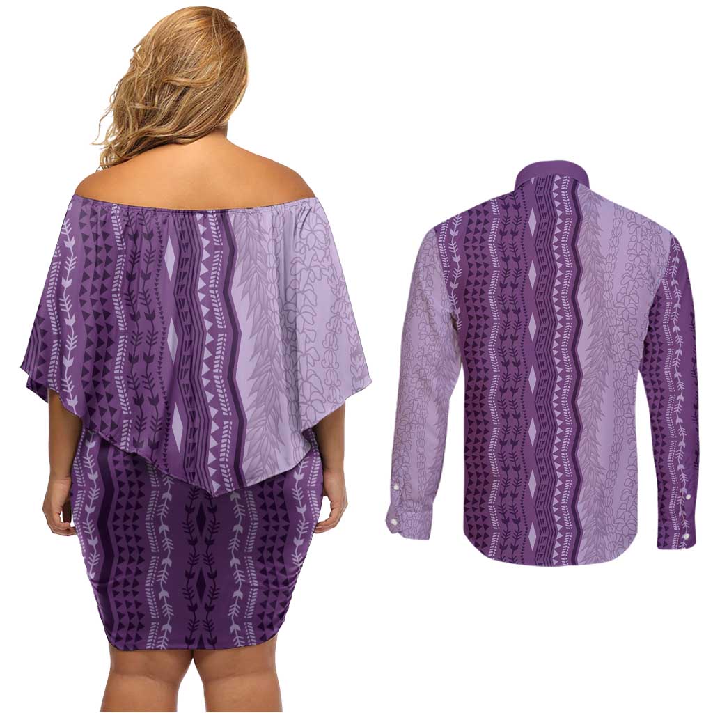 Vintage Violet Hawaiian Traditional Kapa Mix Flowers Lei Couples Matching Off Shoulder Short Dress and Long Sleeve Button Shirt LT7 - Polynesian Pride