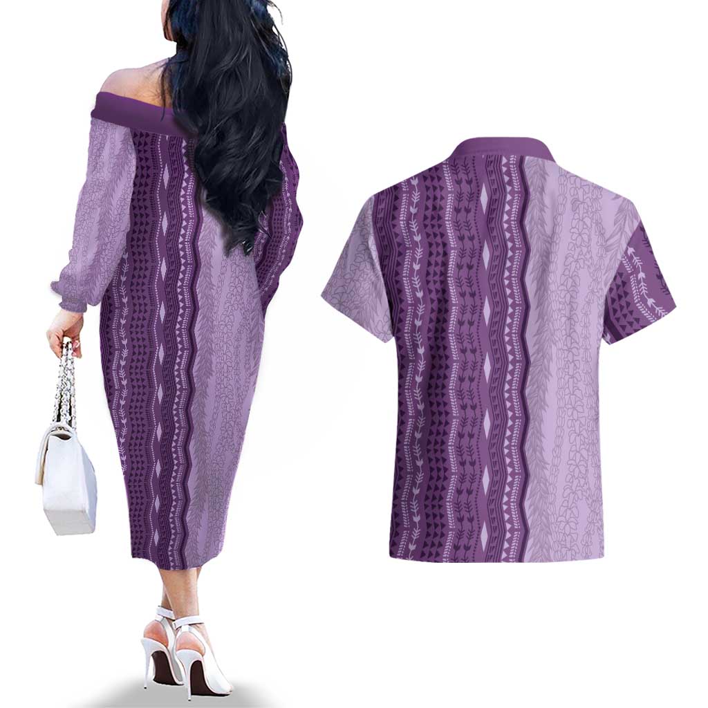 Vintage Violet Hawaiian Traditional Kapa Mix Flowers Lei Couples Matching Off The Shoulder Long Sleeve Dress and Hawaiian Shirt LT7 - Polynesian Pride
