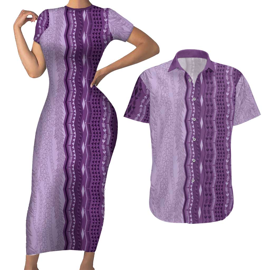 Vintage Violet Hawaiian Traditional Kapa Mix Flowers Lei Couples Matching Short Sleeve Bodycon Dress and Hawaiian Shirt LT7 Violet - Polynesian Pride