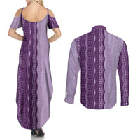 Vintage Violet Hawaiian Traditional Kapa Mix Flowers Lei Couples Matching Summer Maxi Dress and Long Sleeve Button Shirt LT7 - Polynesian Pride