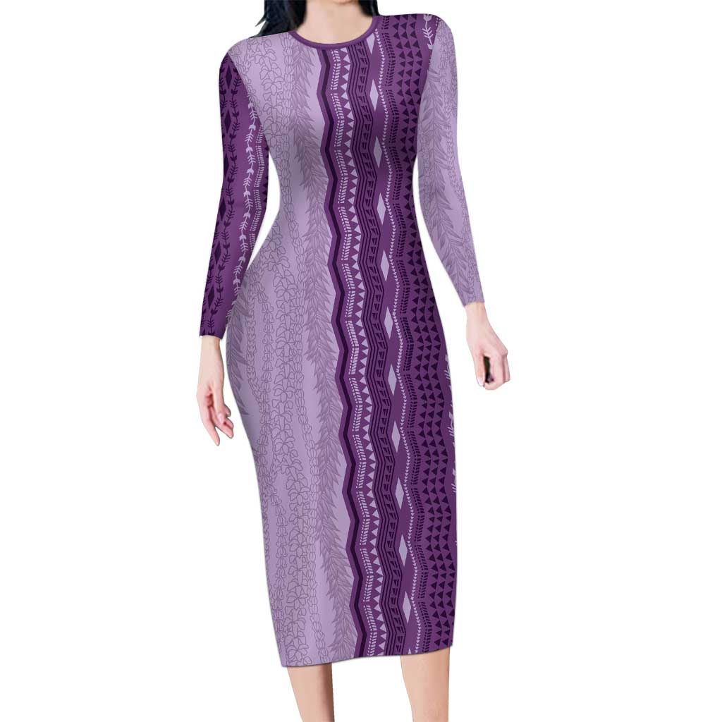 Vintage Violet Hawaiian Traditional Kapa Mix Flowers Lei Family Matching Long Sleeve Bodycon Dress and Hawaiian Shirt LT7 Mom's Dress Violet - Polynesian Pride