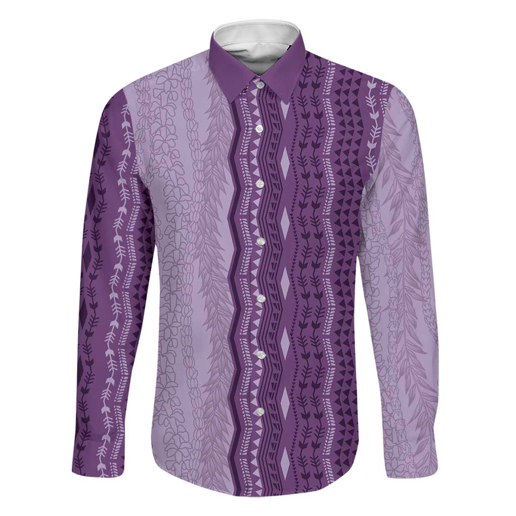Vintage Violet Hawaiian Traditional Kapa Mix Flowers Lei Family Matching Off The Shoulder Long Sleeve Dress and Hawaiian Shirt LT7 Dad's Shirt - Long Sleeve Violet - Polynesian Pride