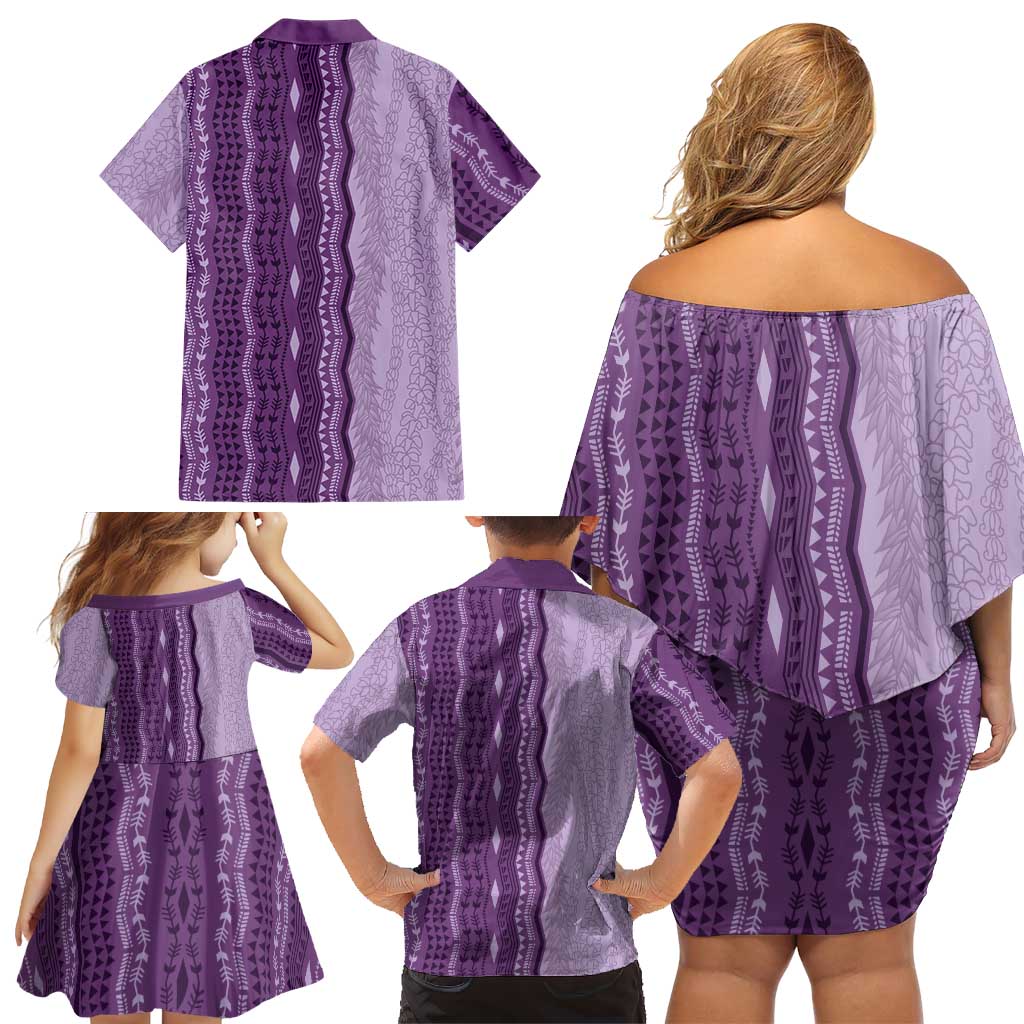 Vintage Violet Hawaiian Traditional Kapa Mix Flowers Lei Family Matching Off Shoulder Short Dress and Hawaiian Shirt LT7 - Polynesian Pride
