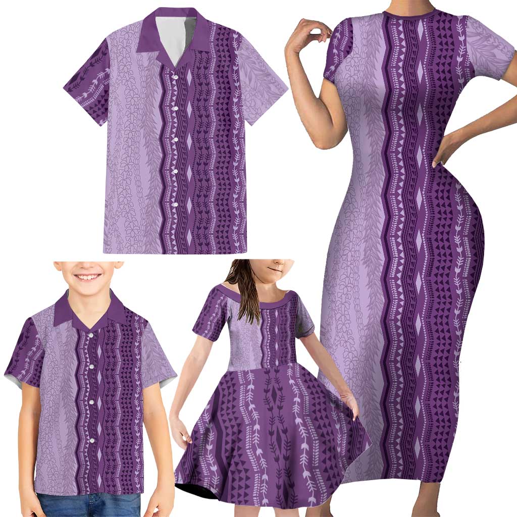 Vintage Violet Hawaiian Traditional Kapa Mix Flowers Lei Family Matching Short Sleeve Bodycon Dress and Hawaiian Shirt