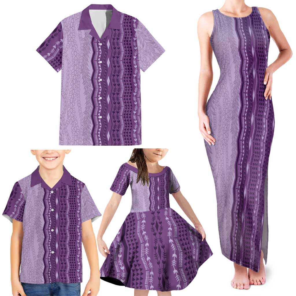 Vintage Violet Hawaiian Traditional Kapa Mix Flowers Lei Family Matching Tank Maxi Dress and Hawaiian Shirt