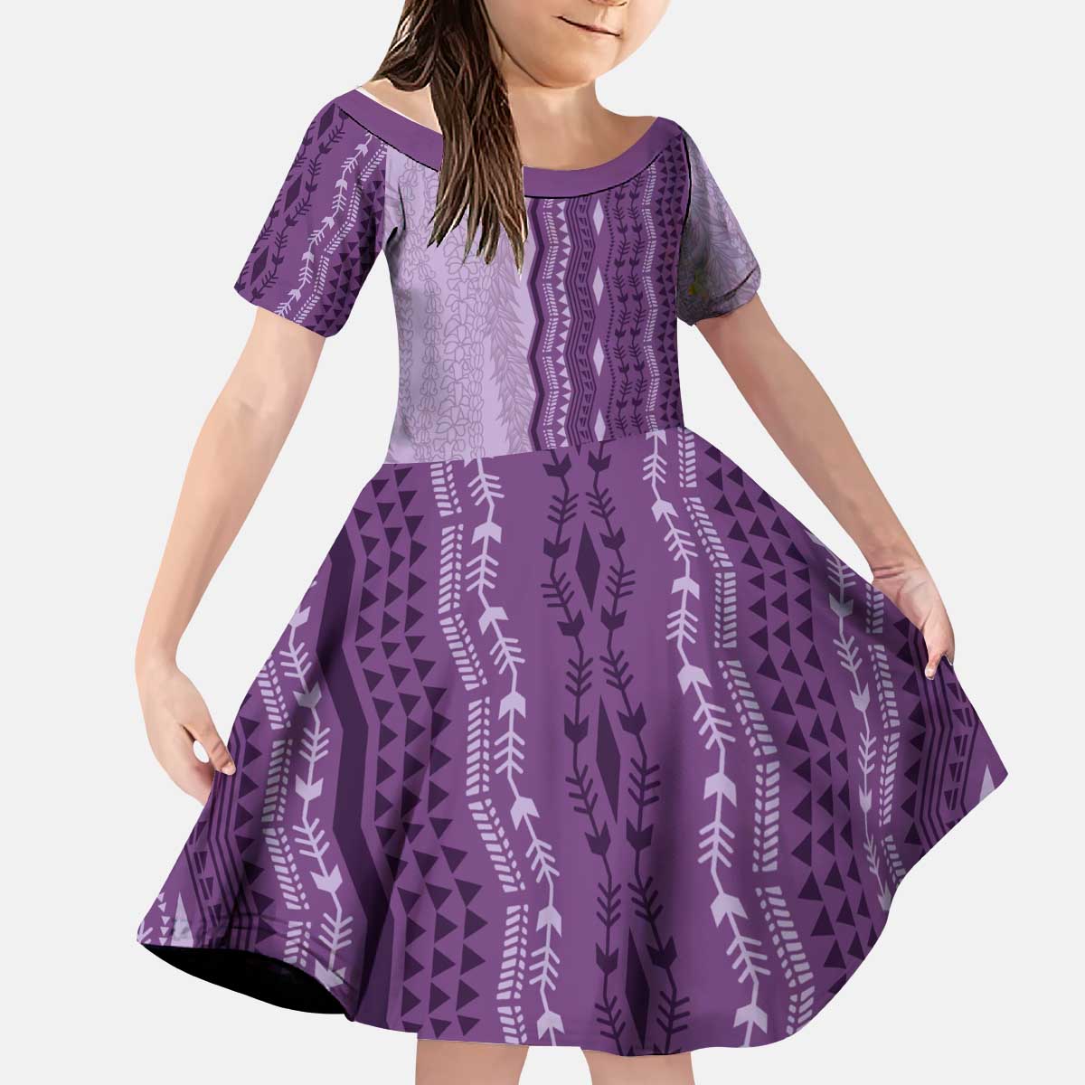 Vintage Violet Hawaiian Traditional Kapa Mix Flowers Lei Kid Short Sleeve Dress