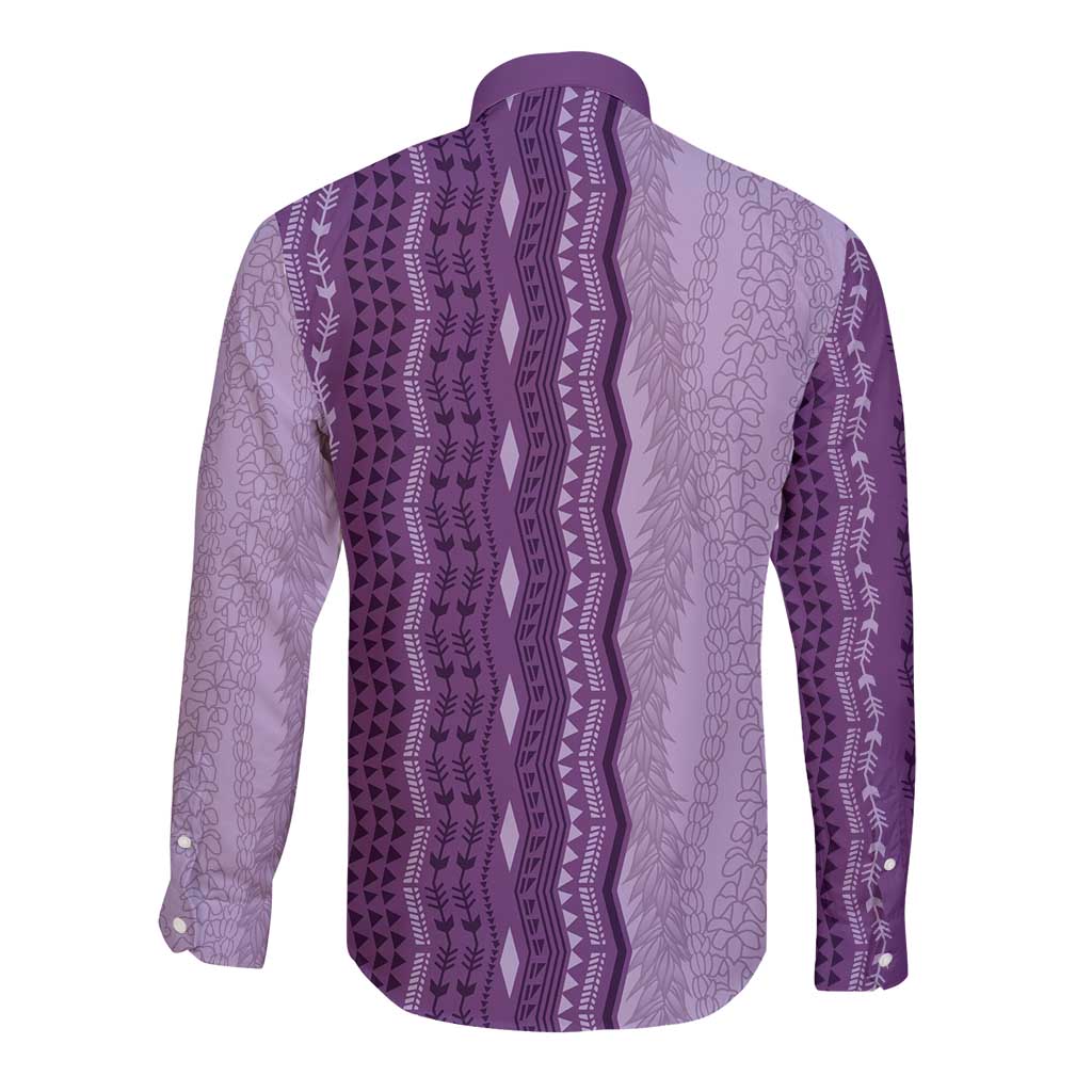 Vintage Violet Hawaiian Traditional Kapa Mix Flowers Lei Long Sleeve Button Shirt