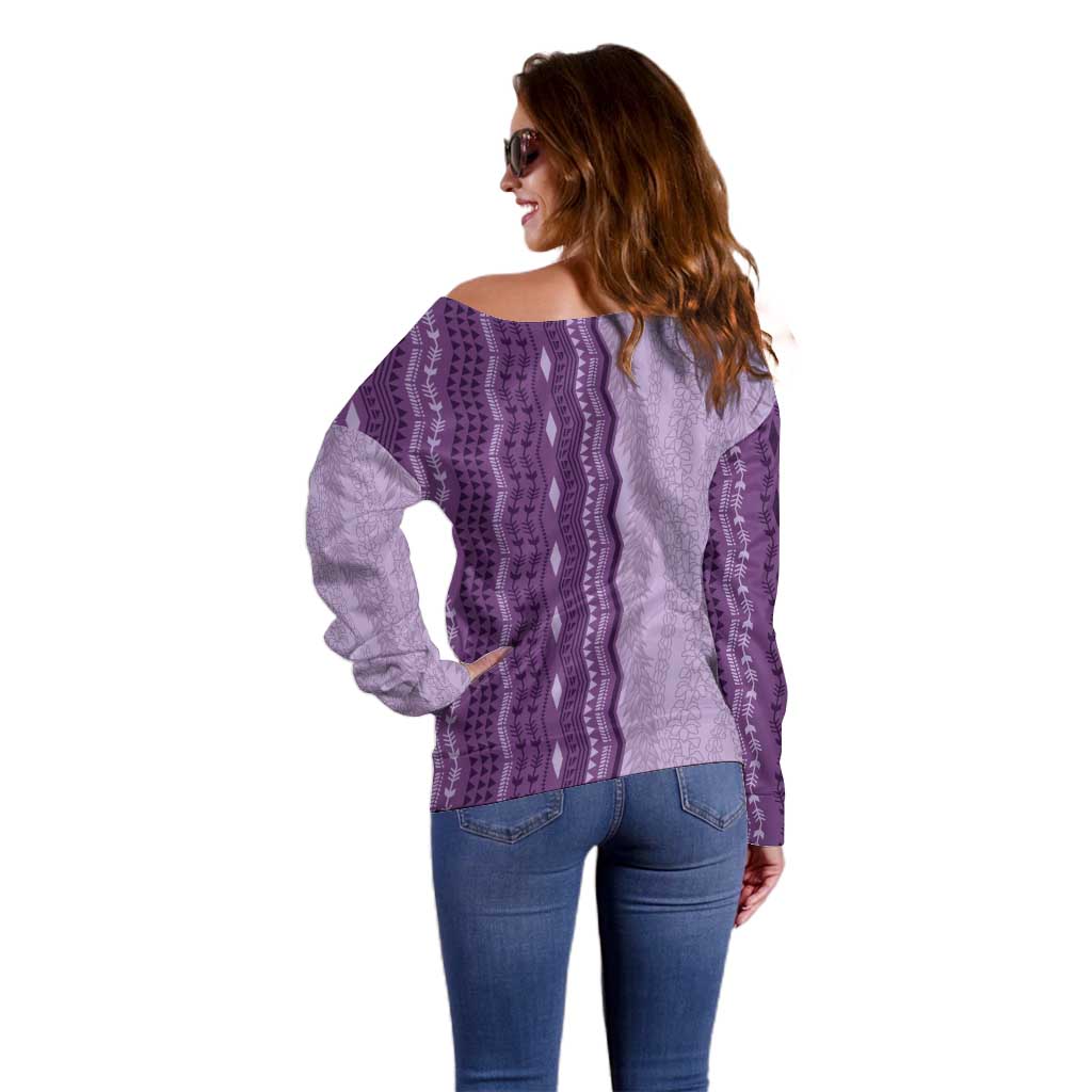 Vintage Violet Hawaiian Traditional Kapa Mix Flowers Lei Off Shoulder Sweater
