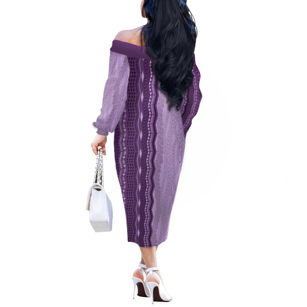 Vintage Violet Hawaiian Traditional Kapa Mix Flowers Lei Off The Shoulder Long Sleeve Dress LT7 - Polynesian Pride