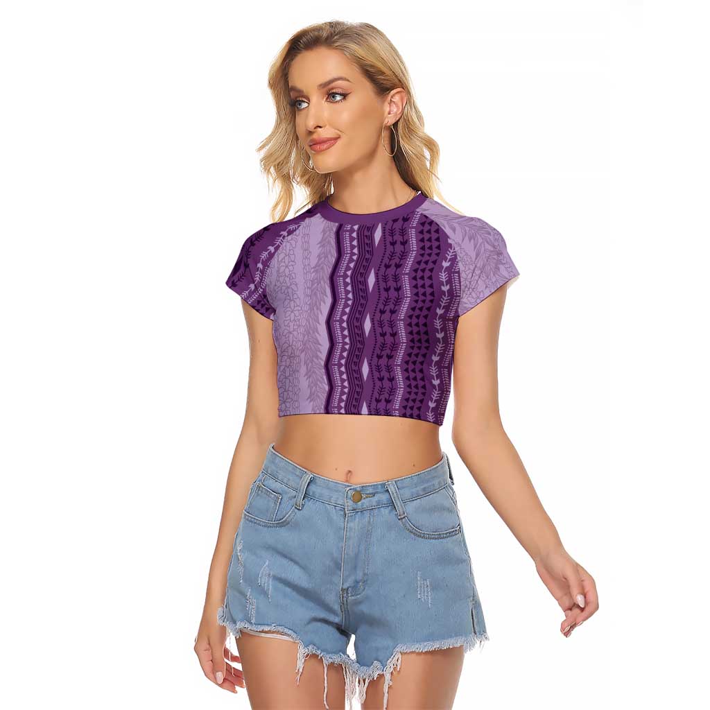 Vintage Violet Hawaiian Traditional Kapa Mix Flowers Lei Raglan Cropped T Shirt