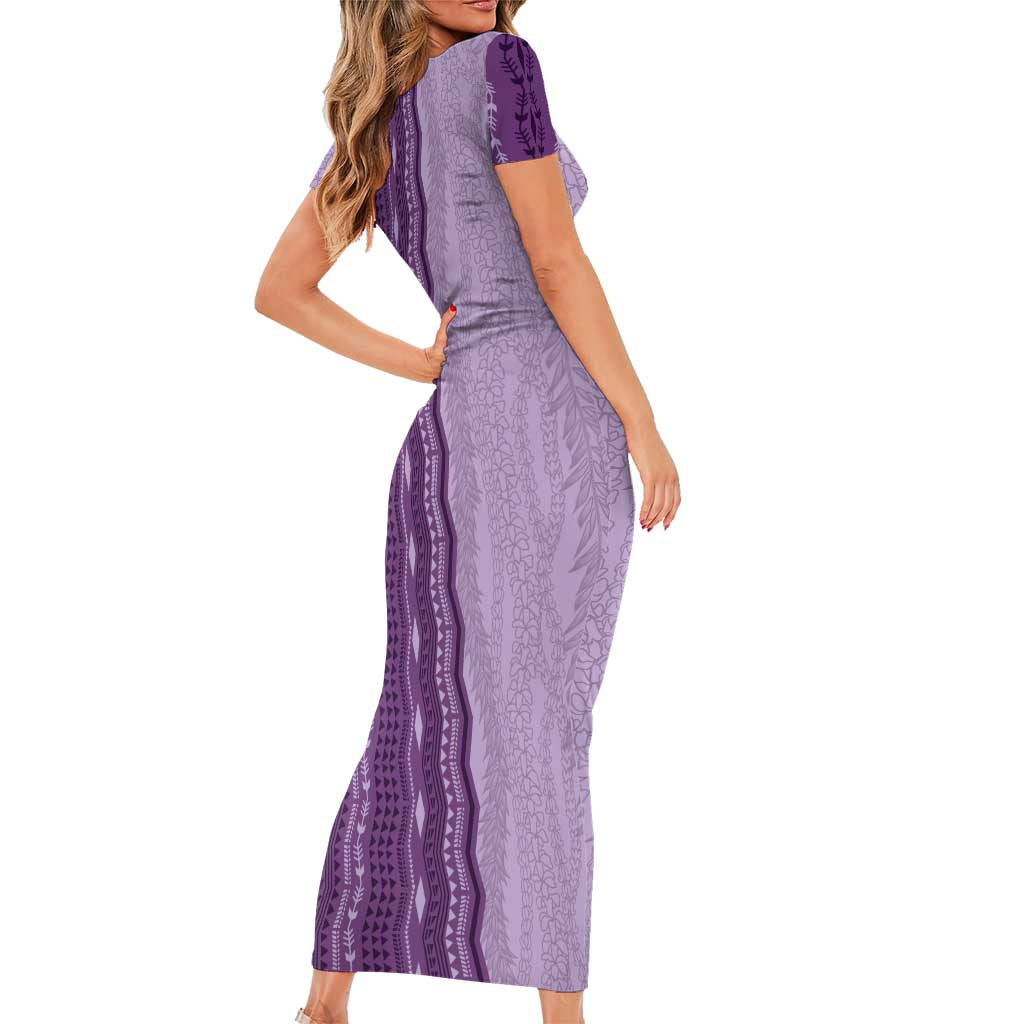 Vintage Violet Hawaiian Traditional Kapa Mix Flowers Lei Short Sleeve Bodycon Dress LT7 - Polynesian Pride
