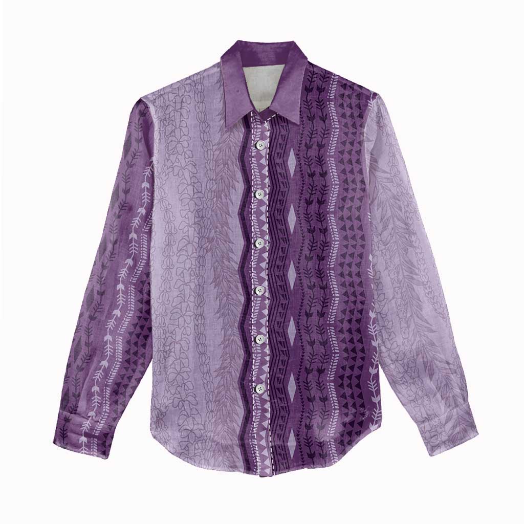 Vintage Violet Hawaiian Traditional Kapa Mix Flowers Lei Women Casual Shirt LT7 - Polynesian Pride