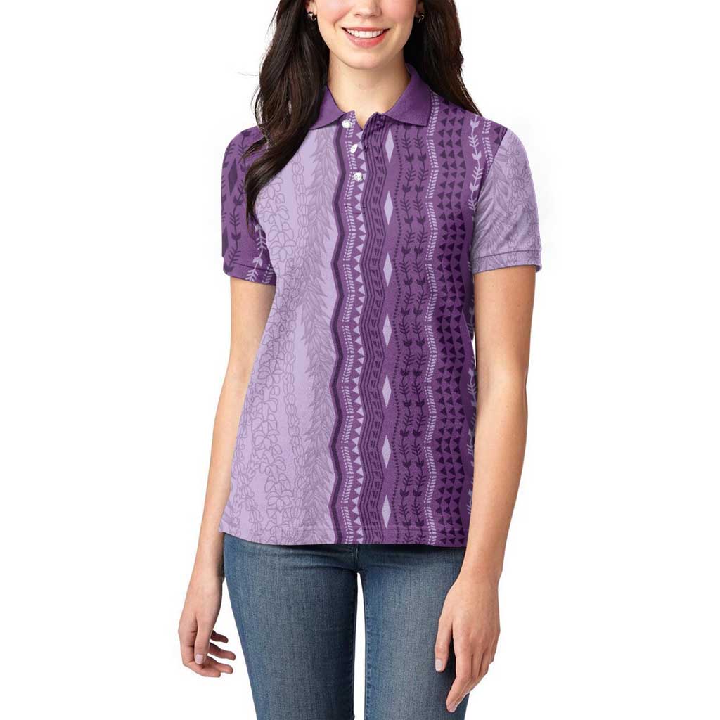 Vintage Violet Hawaiian Traditional Kapa Mix Flowers Lei Women Polo Shirt LT7 - Polynesian Pride