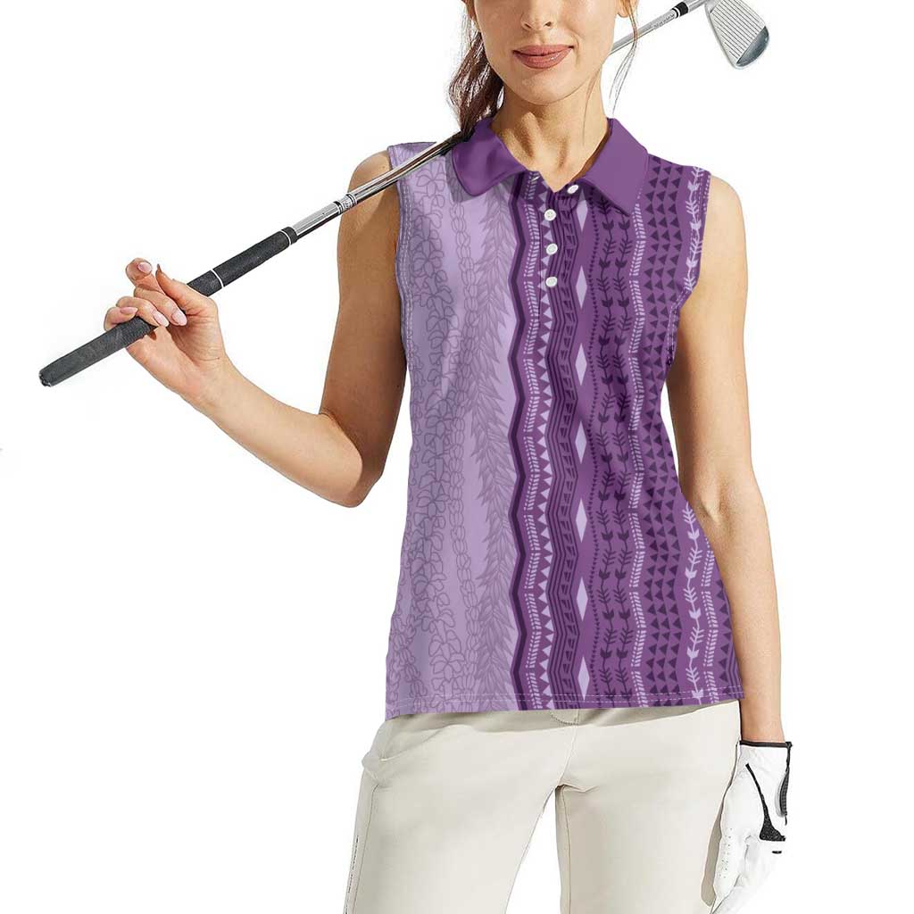 Vintage Violet Hawaiian Traditional Kapa Mix Flowers Lei Women Sleeveless Polo Shirt LT7 - Polynesian Pride