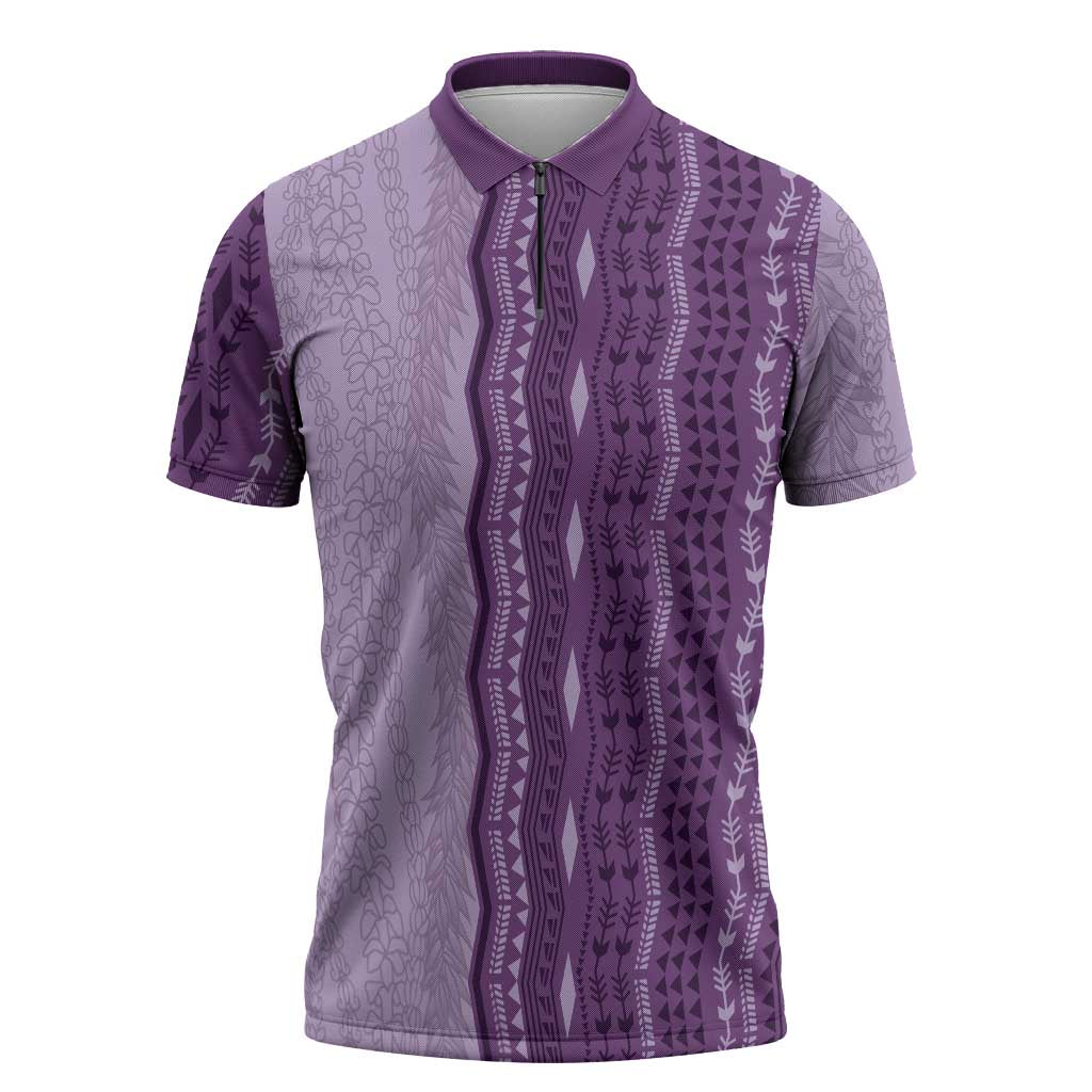 Vintage Violet Hawaiian Traditional Kapa Mix Flowers Lei Zipper Polo Shirt LT7 Violet - Polynesian Pride