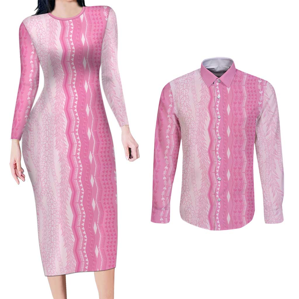 Vintage Pink Hawaiian Traditional Kapa Mix Flowers Lei Couples Matching Long Sleeve Bodycon Dress and Long Sleeve Button Shirt