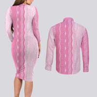 Vintage Pink Hawaiian Traditional Kapa Mix Flowers Lei Couples Matching Long Sleeve Bodycon Dress and Long Sleeve Button Shirt LT7 - Polynesian Pride