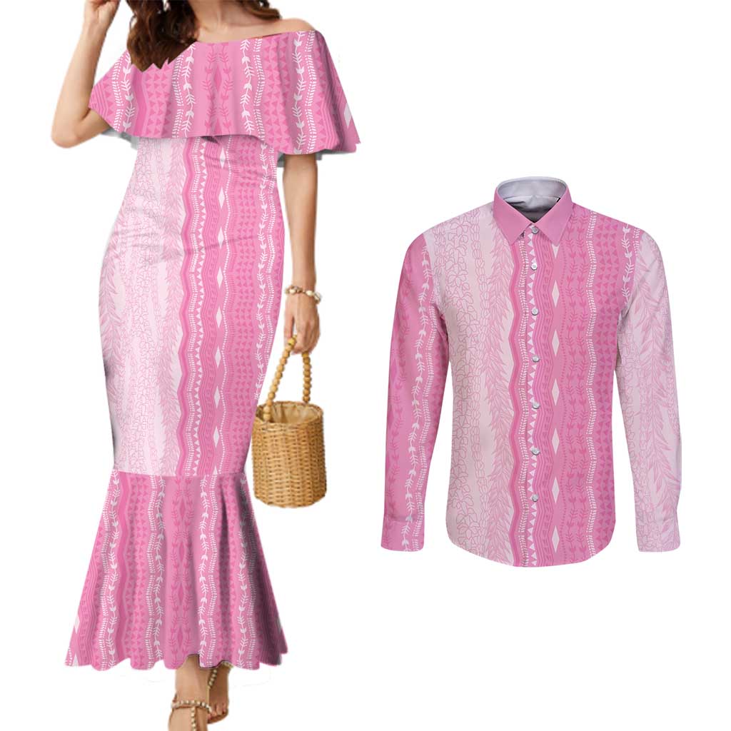 Vintage Pink Hawaiian Traditional Kapa Mix Flowers Lei Couples Matching Mermaid Dress and Long Sleeve Button Shirt LT7 Pink - Polynesian Pride