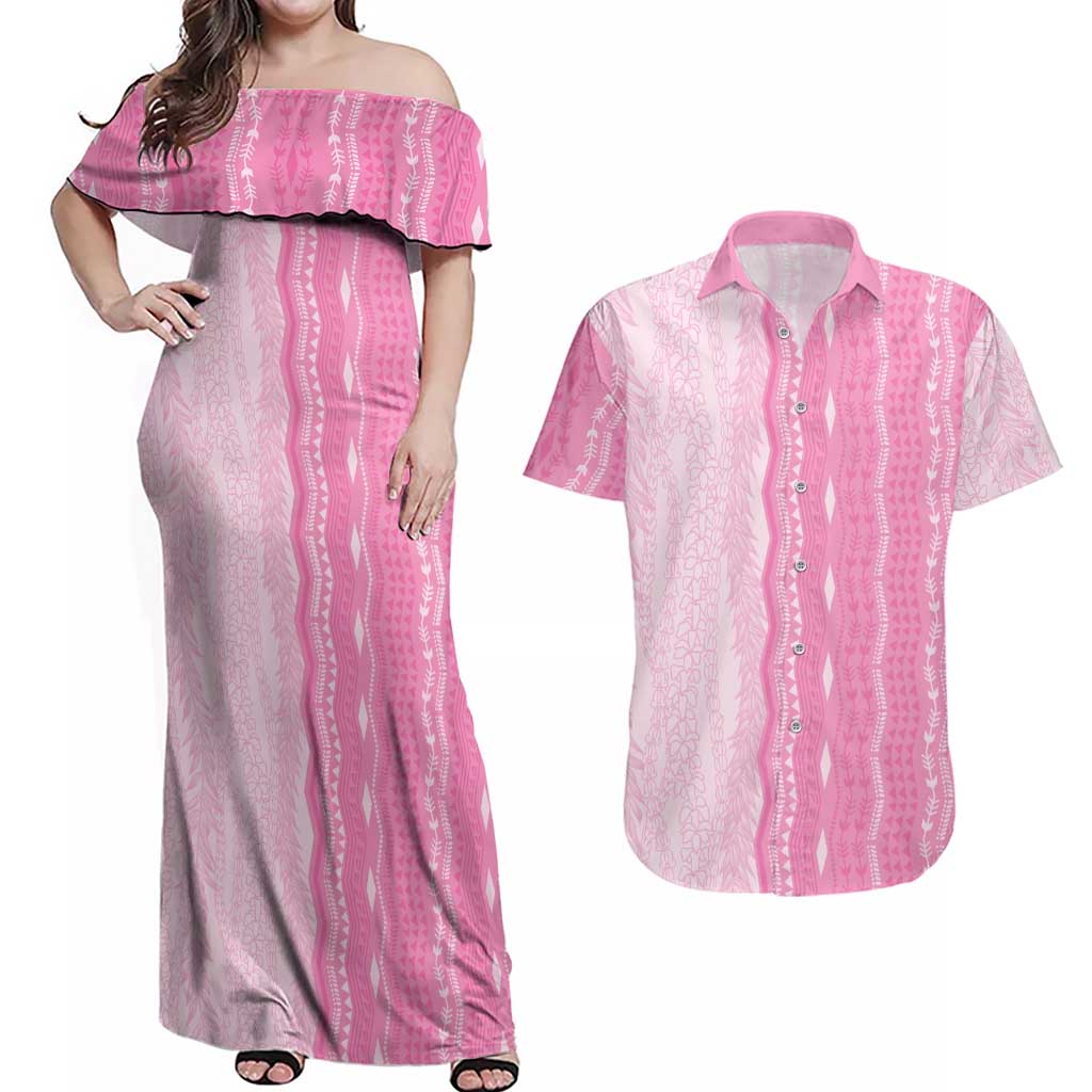 Vintage Pink Hawaiian Traditional Kapa Mix Flowers Lei Couples Matching Off Shoulder Maxi Dress and Hawaiian Shirt LT7 Pink - Polynesian Pride