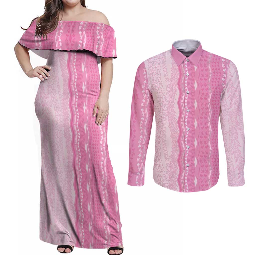 Vintage Pink Hawaiian Traditional Kapa Mix Flowers Lei Couples Matching Off Shoulder Maxi Dress and Long Sleeve Button Shirt LT7 Pink - Polynesian Pride