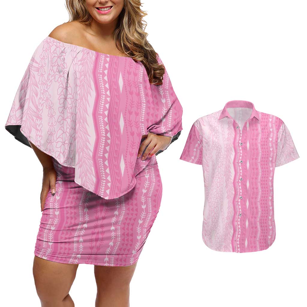 Vintage Pink Hawaiian Traditional Kapa Mix Flowers Lei Couples Matching Off Shoulder Short Dress and Hawaiian Shirt LT7 Pink - Polynesian Pride