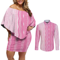 Vintage Pink Hawaiian Traditional Kapa Mix Flowers Lei Couples Matching Off Shoulder Short Dress and Long Sleeve Button Shirt LT7 Pink - Polynesian Pride
