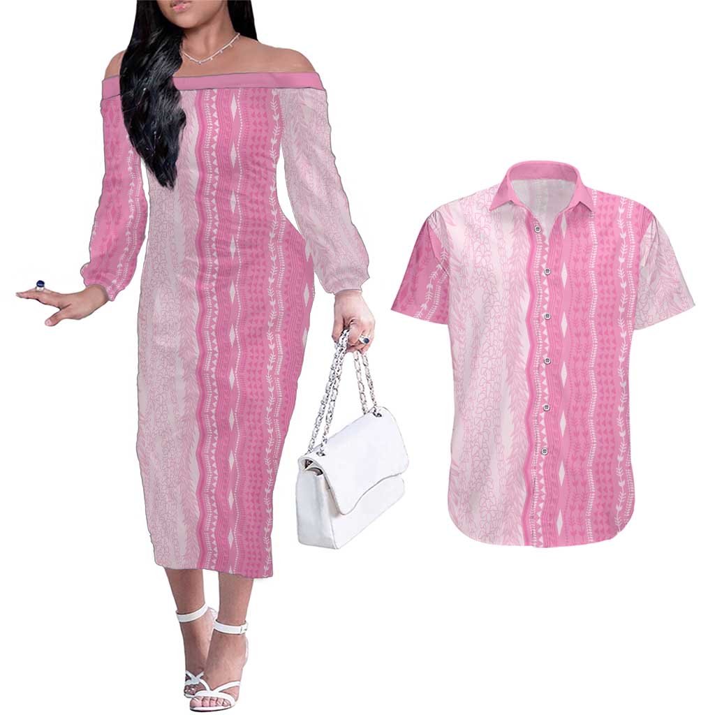 Vintage Pink Hawaiian Traditional Kapa Mix Flowers Lei Couples Matching Off The Shoulder Long Sleeve Dress and Hawaiian Shirt