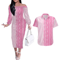 Vintage Pink Hawaiian Traditional Kapa Mix Flowers Lei Couples Matching Off The Shoulder Long Sleeve Dress and Hawaiian Shirt LT7 Pink - Polynesian Pride