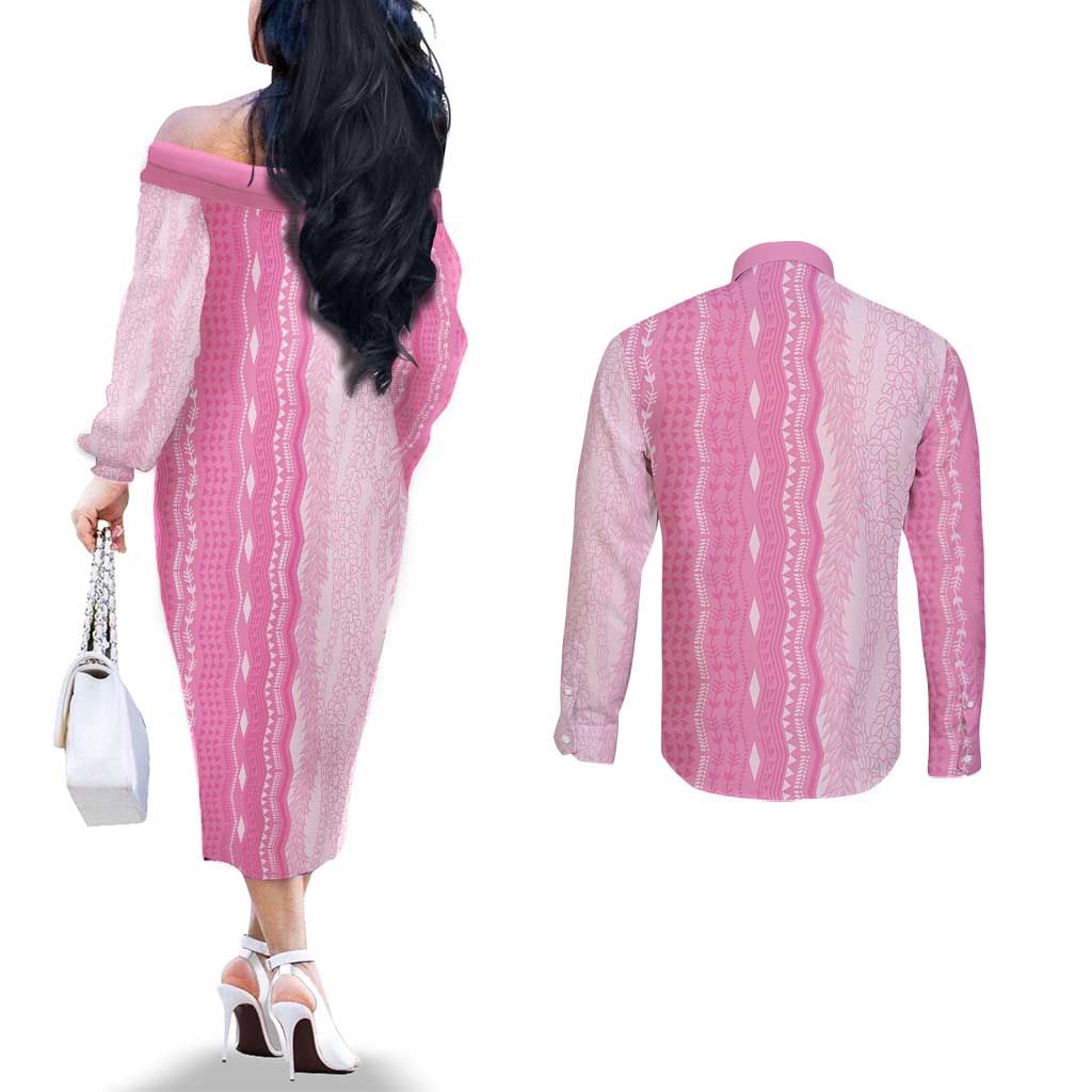 Vintage Pink Hawaiian Traditional Kapa Mix Flowers Lei Couples Matching Off The Shoulder Long Sleeve Dress and Long Sleeve Button Shirt LT7 - Polynesian Pride