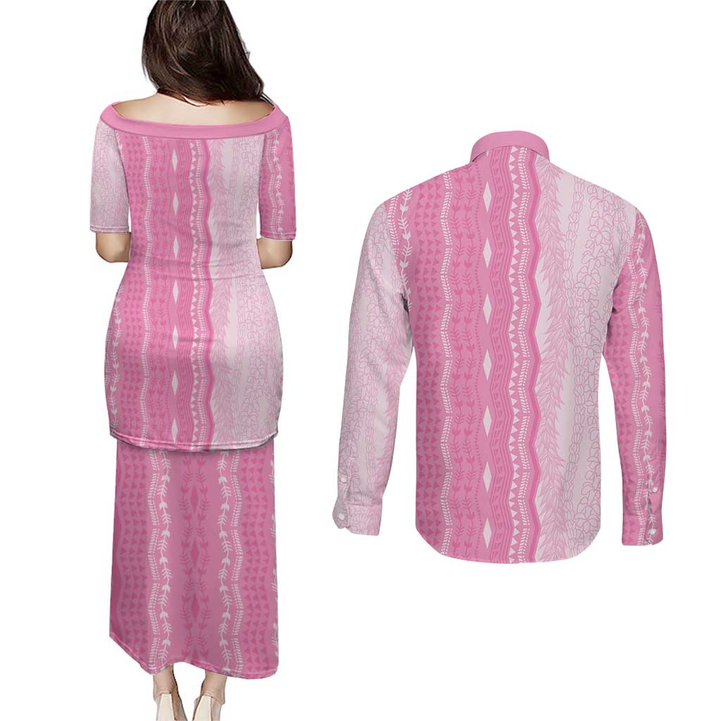 Vintage Pink Hawaiian Traditional Kapa Mix Flowers Lei Couples Matching Puletasi and Long Sleeve Button Shirt LT7 - Polynesian Pride