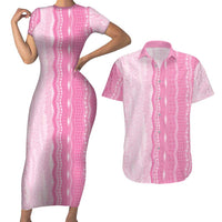 Vintage Pink Hawaiian Traditional Kapa Mix Flowers Lei Couples Matching Short Sleeve Bodycon Dress and Hawaiian Shirt LT7 Pink - Polynesian Pride