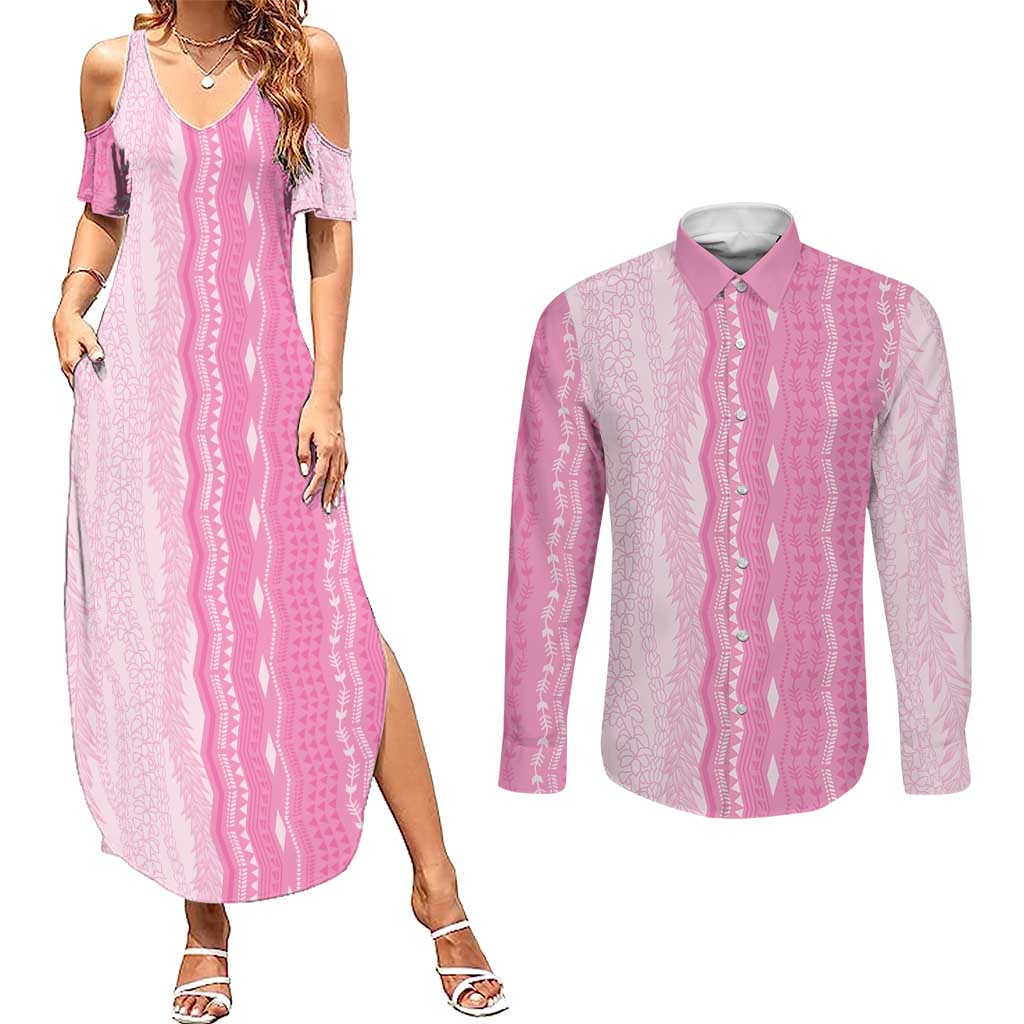 Vintage Pink Hawaiian Traditional Kapa Mix Flowers Lei Couples Matching Summer Maxi Dress and Long Sleeve Button Shirt LT7 Pink - Polynesian Pride