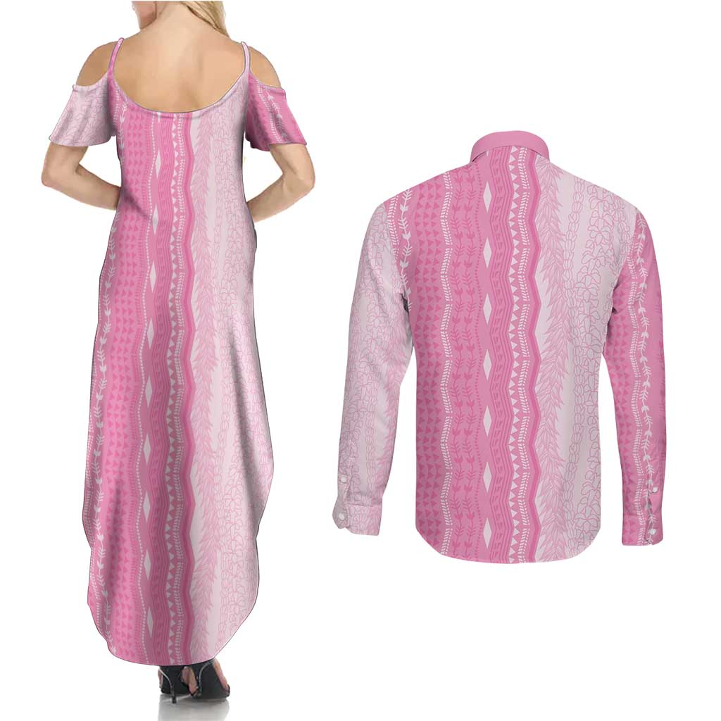 Vintage Pink Hawaiian Traditional Kapa Mix Flowers Lei Couples Matching Summer Maxi Dress and Long Sleeve Button Shirt LT7 - Polynesian Pride