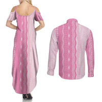 Vintage Pink Hawaiian Traditional Kapa Mix Flowers Lei Couples Matching Summer Maxi Dress and Long Sleeve Button Shirt LT7 - Polynesian Pride