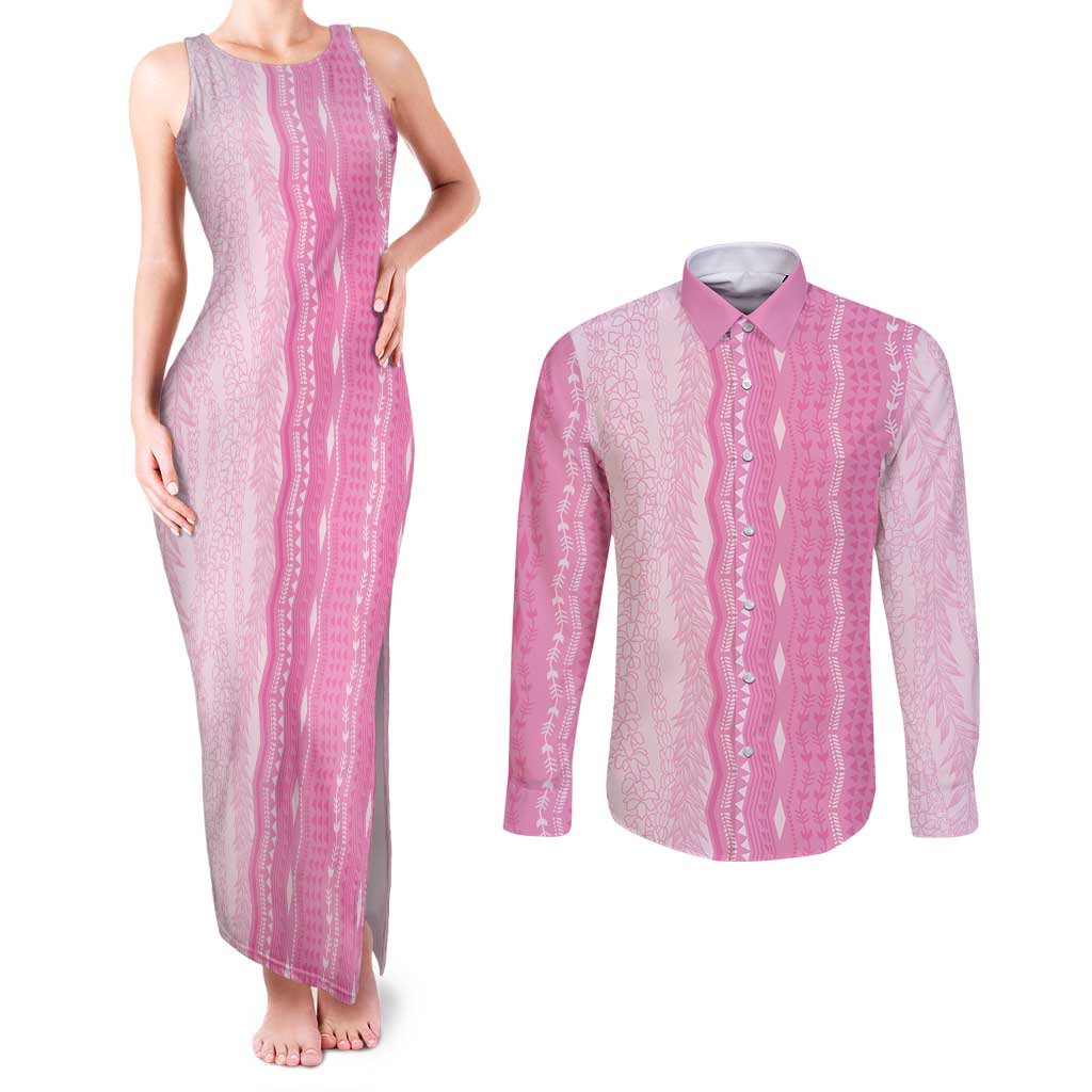 Vintage Pink Hawaiian Traditional Kapa Mix Flowers Lei Couples Matching Tank Maxi Dress and Long Sleeve Button Shirt