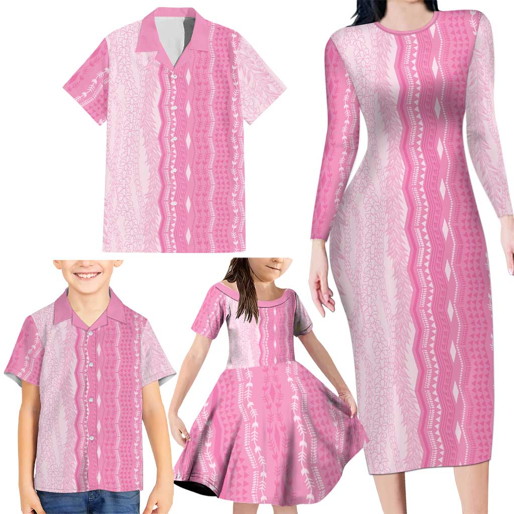 Vintage Pink Hawaiian Traditional Kapa Mix Flowers Lei Family Matching Long Sleeve Bodycon Dress and Hawaiian Shirt LT7 - Polynesian Pride