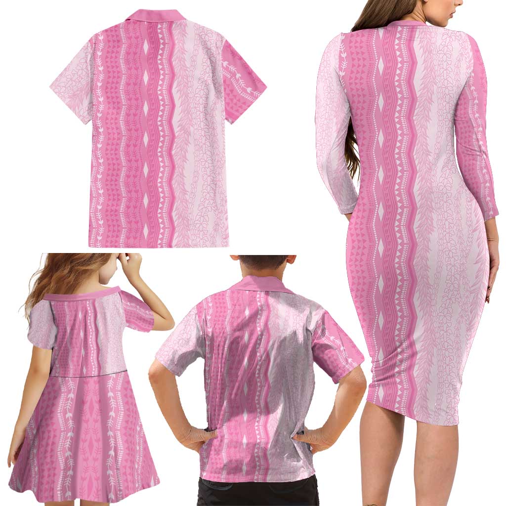 Vintage Pink Hawaiian Traditional Kapa Mix Flowers Lei Family Matching Long Sleeve Bodycon Dress and Hawaiian Shirt LT7 - Polynesian Pride