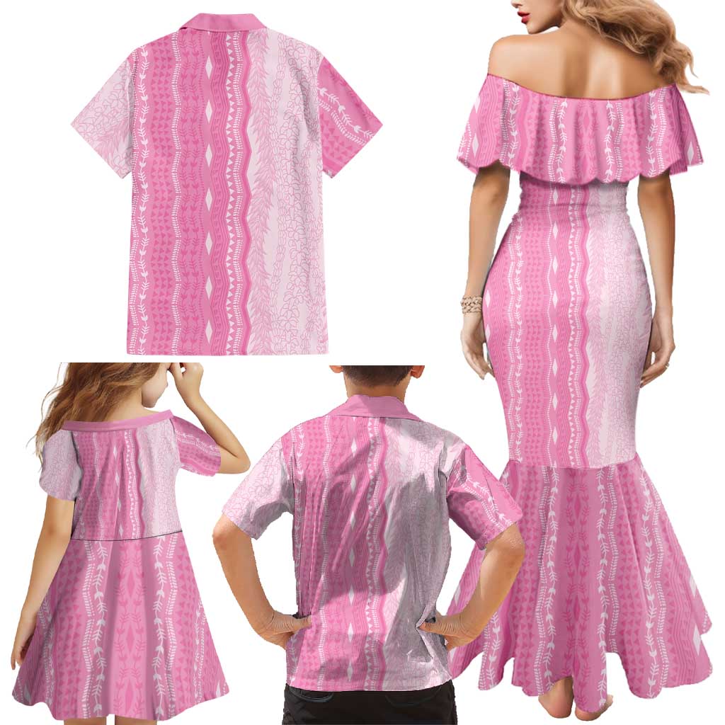 Vintage Pink Hawaiian Traditional Kapa Mix Flowers Lei Family Matching Mermaid Dress and Hawaiian Shirt LT7 - Polynesian Pride