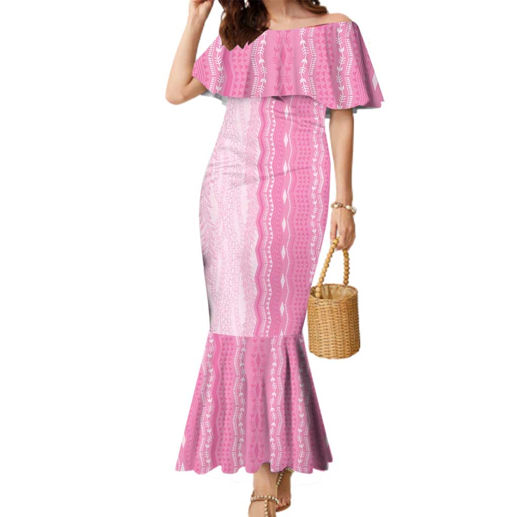 Vintage Pink Hawaiian Traditional Kapa Mix Flowers Lei Family Matching Mermaid Dress and Hawaiian Shirt LT7 Mom's Dress Pink - Polynesian Pride