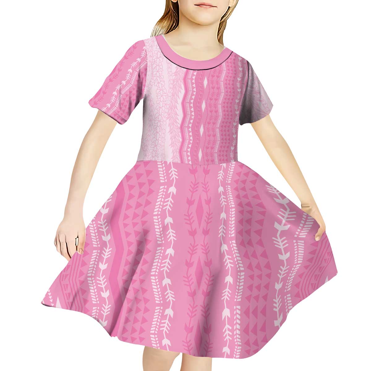 Vintage Pink Hawaiian Traditional Kapa Mix Flowers Lei Kid Short Sleeve Dress LT7 - Polynesian Pride